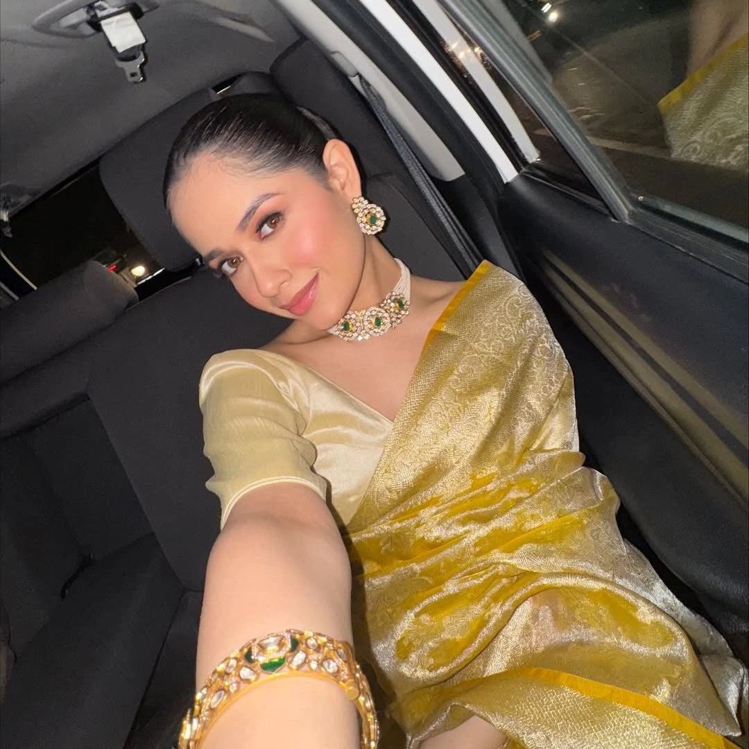 Gold Banarasi Silk Saree with Pure Gold Zari Floral Weaving and Matching Blouse