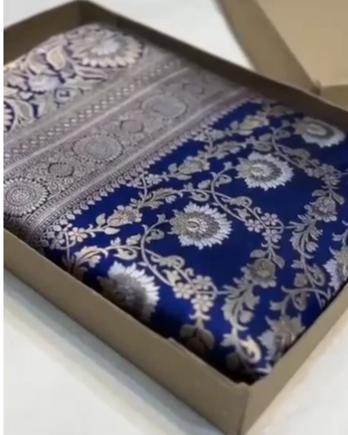 Blue Pure Banarasi Silk Saree with Gold Floral Design and Matching Blouse.