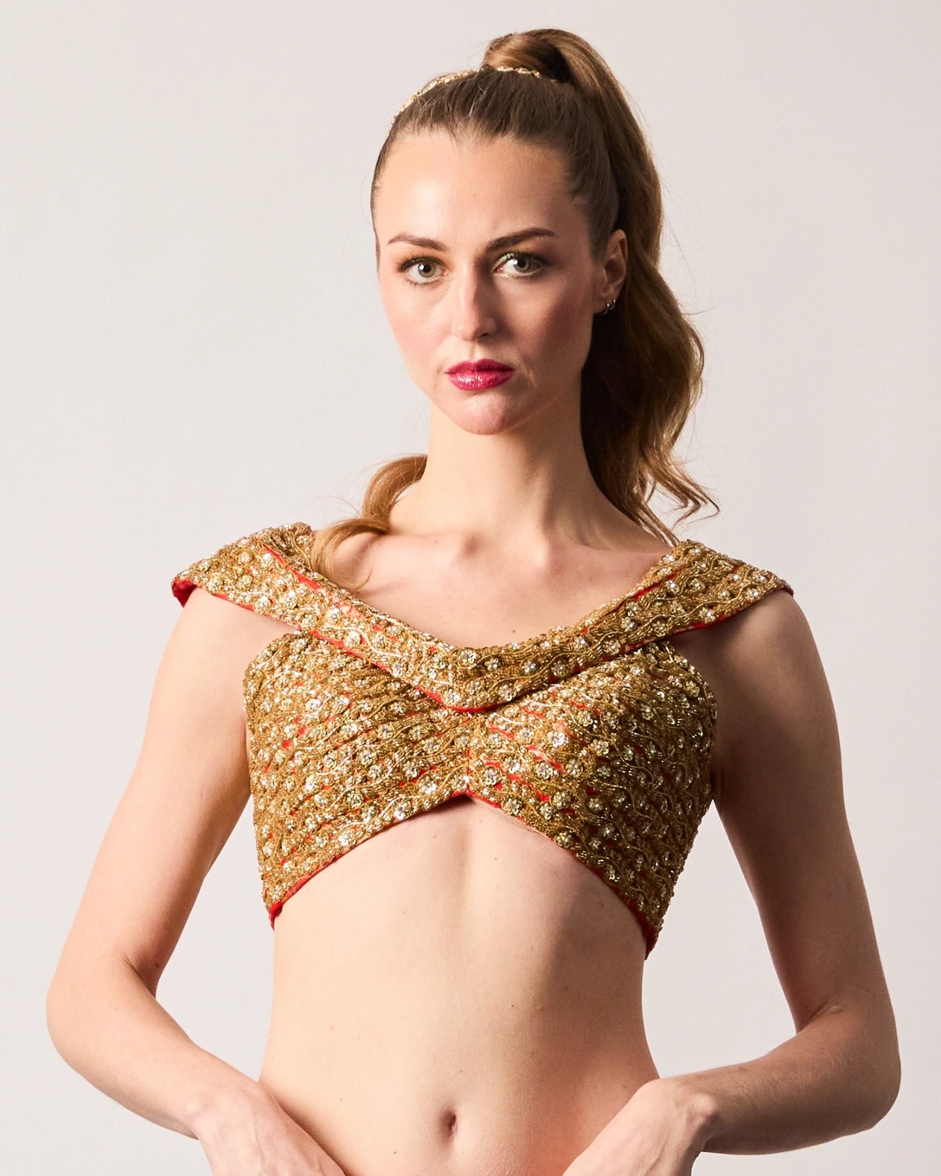 Orange  and Gold Zari Embroidered Boat Neck Blouse
