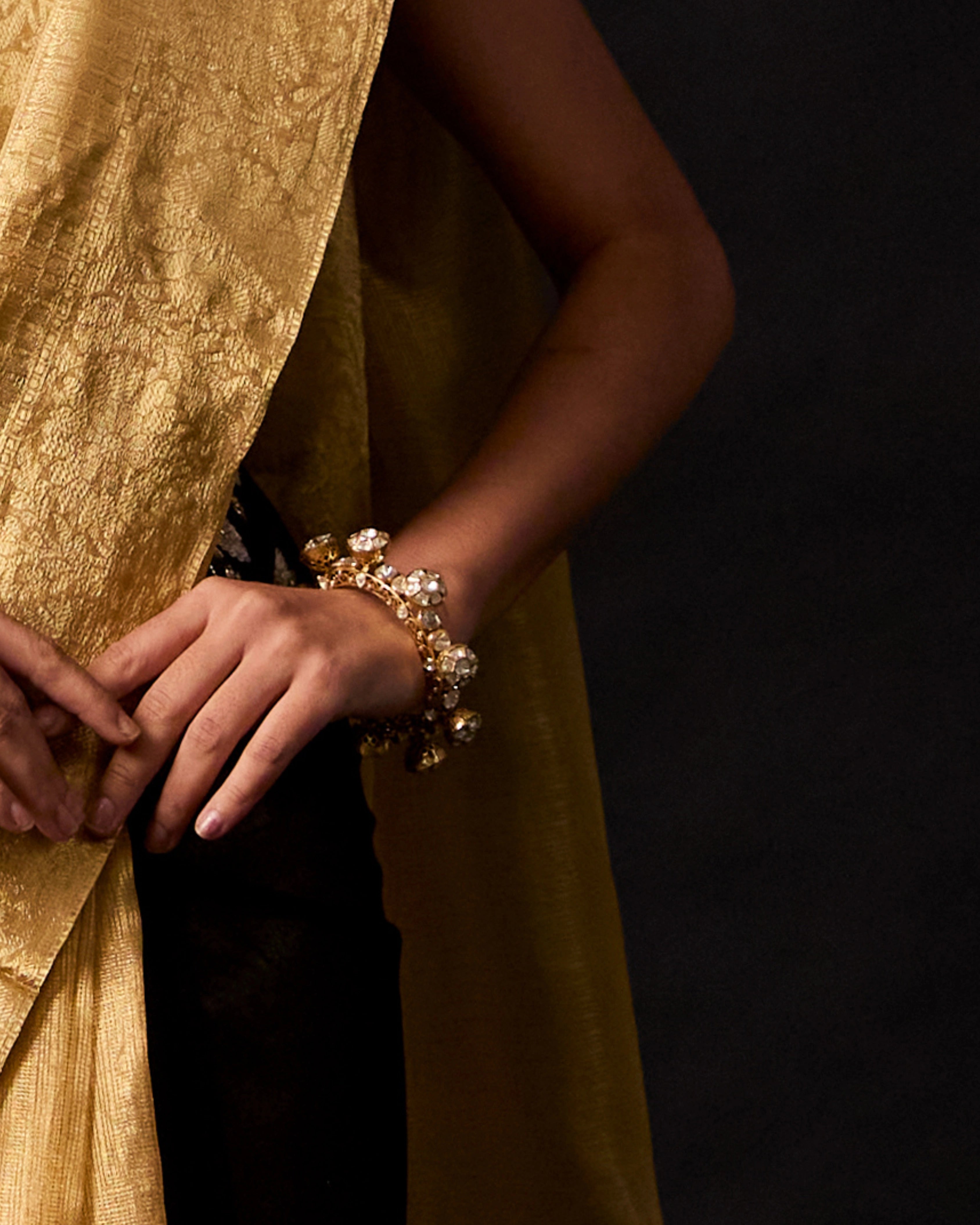 Black Georgette Drape Saree with Gold Banarasi Silk and Silk Hand Embroidered Blouse