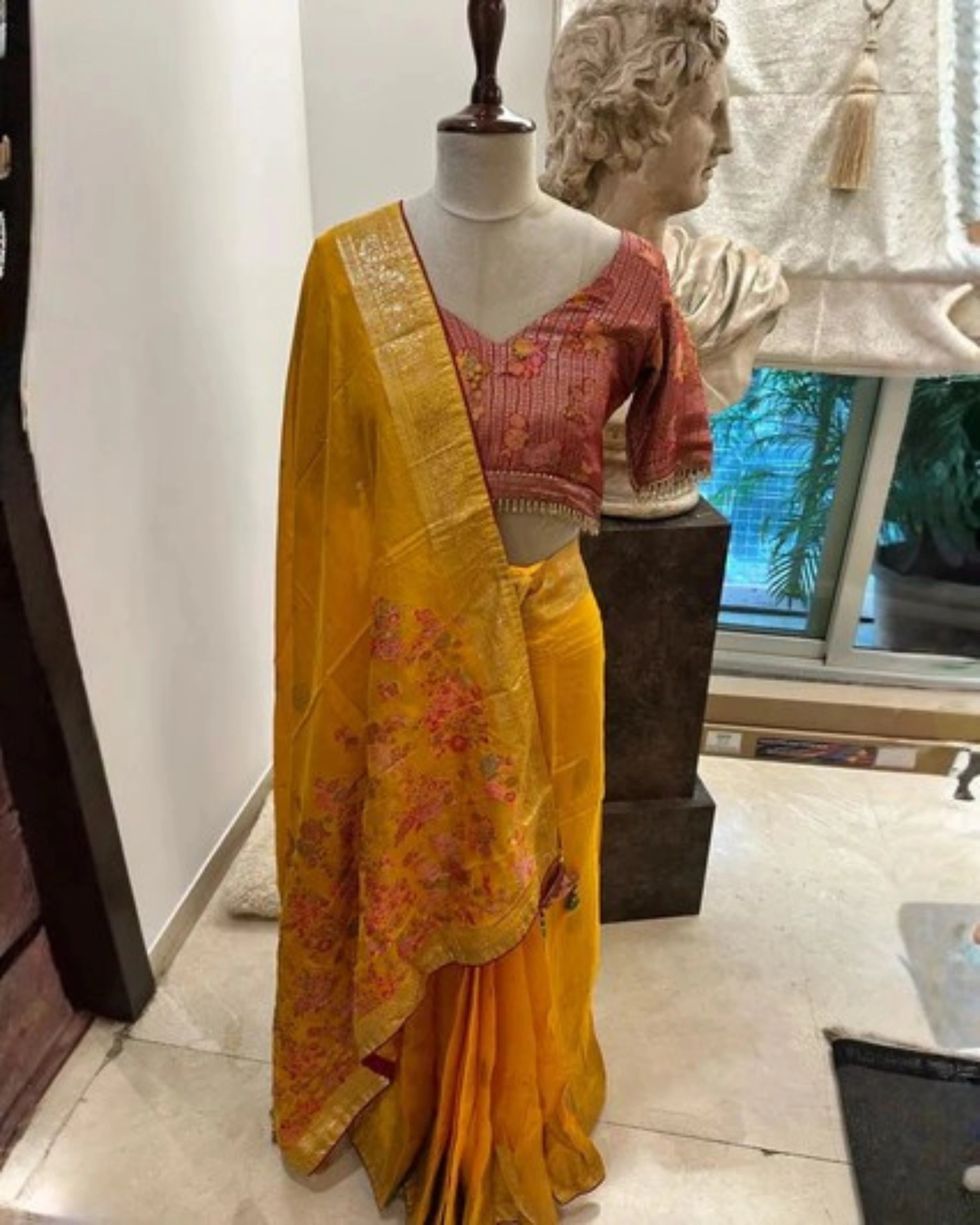 Yellow Pure Banarasi Silk Saree with All-Over Floral Zari Design and  Maroon Hand-Embroidered Zari Blouse
