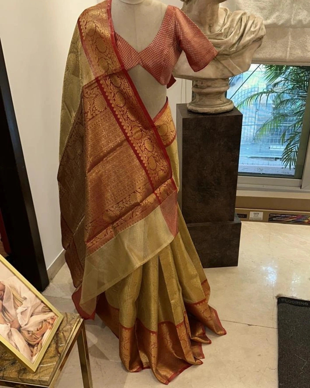 Gold Pure Banarasi Silk Saree with Maroon Zari Border Design and  Maroon Hand-Embroidered Blouse