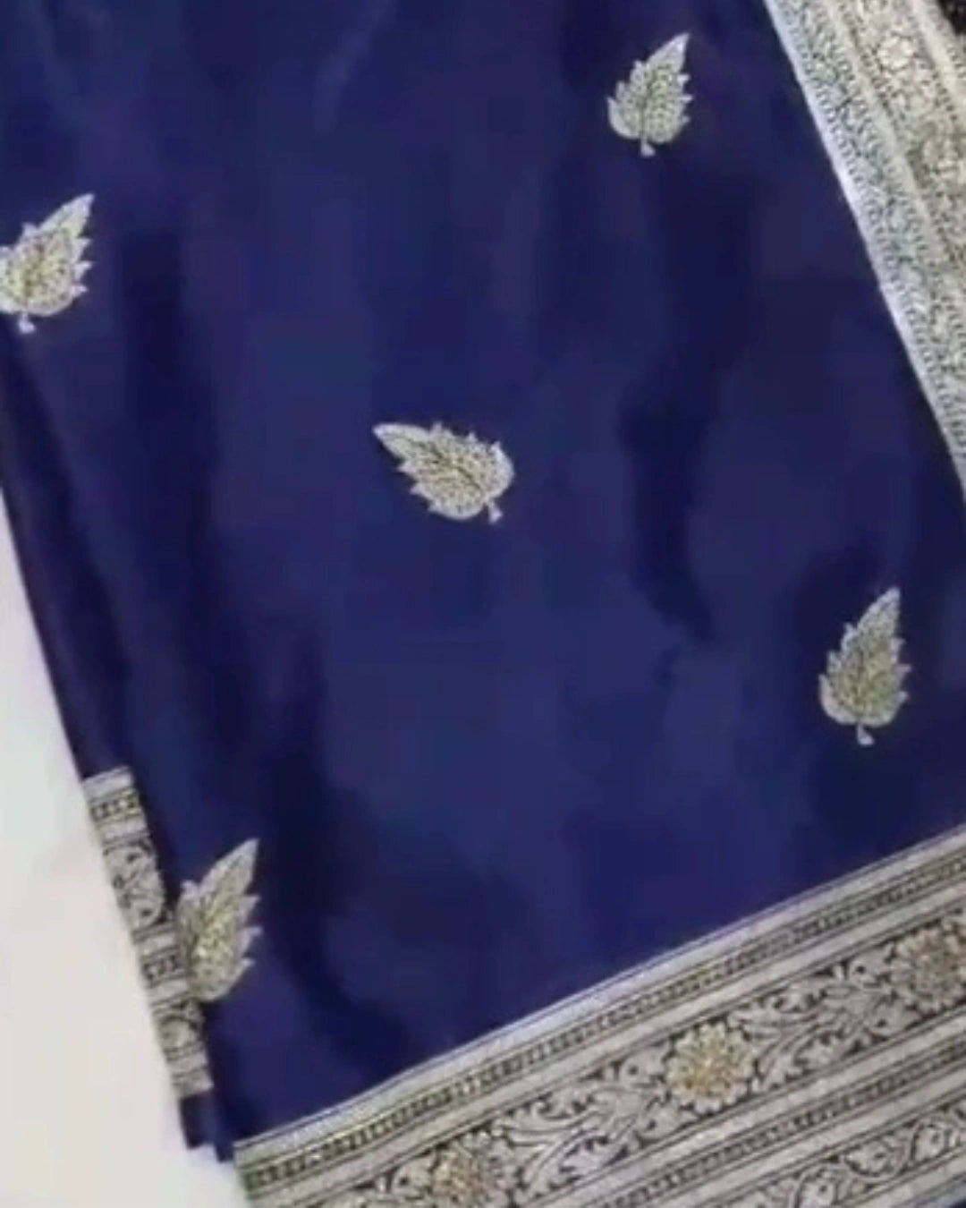 Blue Pure Banarasi Silk Saree with All-Over Gold Zari Border Floral Leaf Design and Matching Blouse