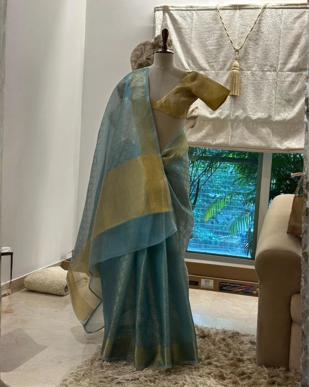 Blue Banarasi Organza Silk Saree with Dual Tone Dotted Checks Pattern and Leaf Design Gold Zari Border