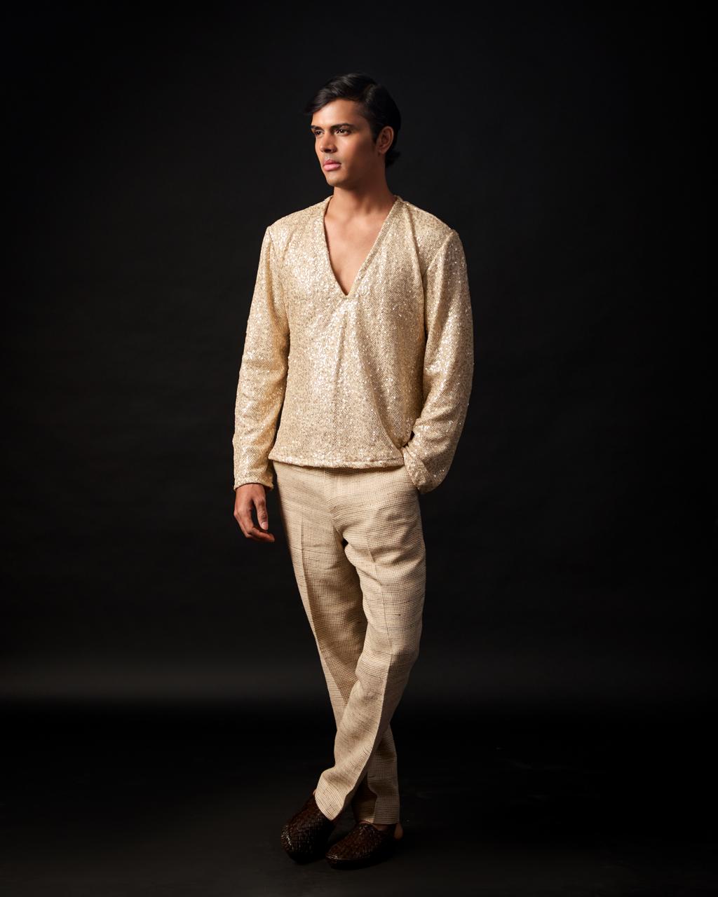 Desert Gold Short Kurta in Mesh with Lining and Cotton-Linen Pants