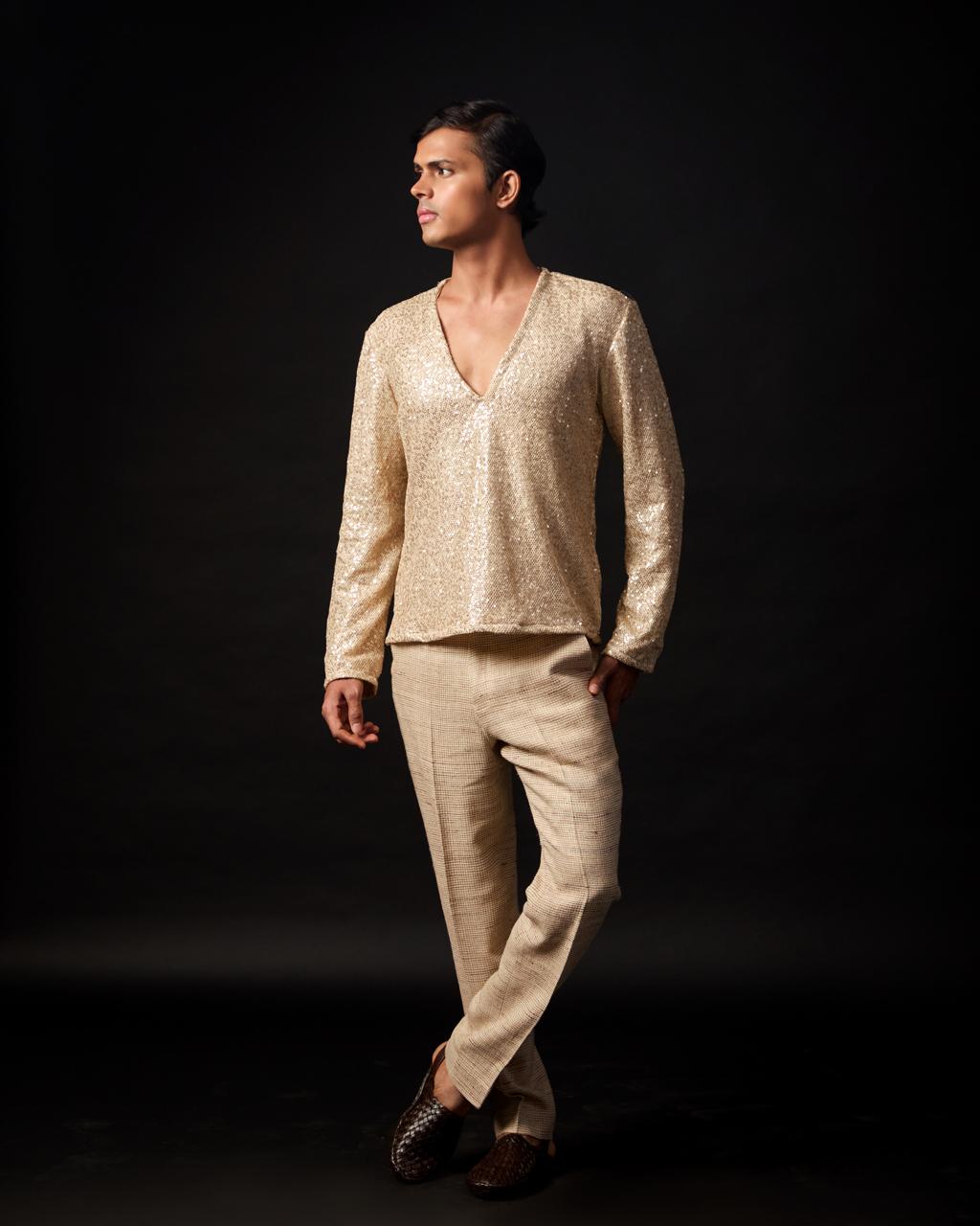 Desert Gold Short Kurta in Mesh with Lining and Cotton-Linen Pants