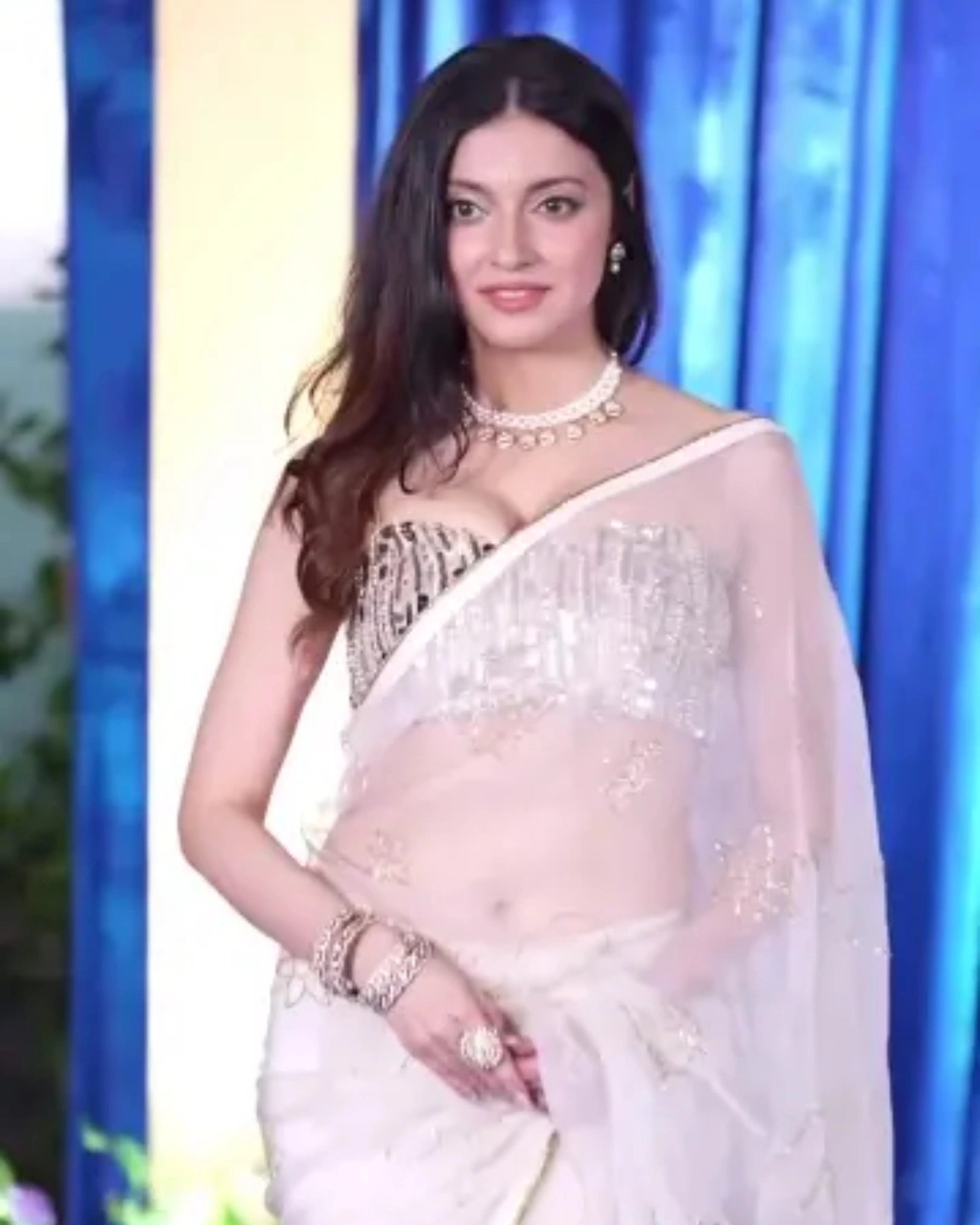 White Pure Silk Organza Saree with Hand Embroidery & Custom Strapless Blouse