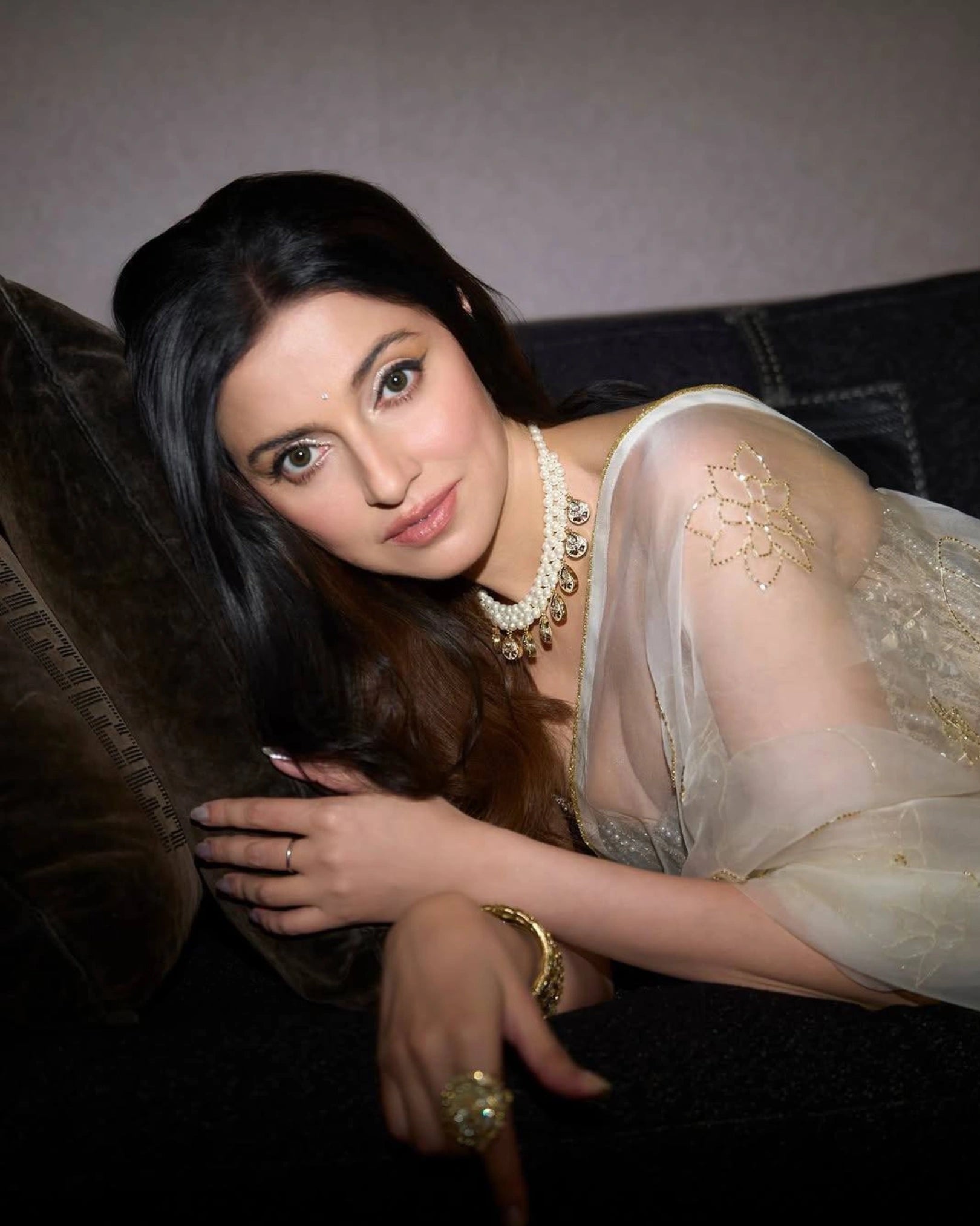 White Pure Silk Organza Saree with Hand Embroidery & Custom Strapless Blouse