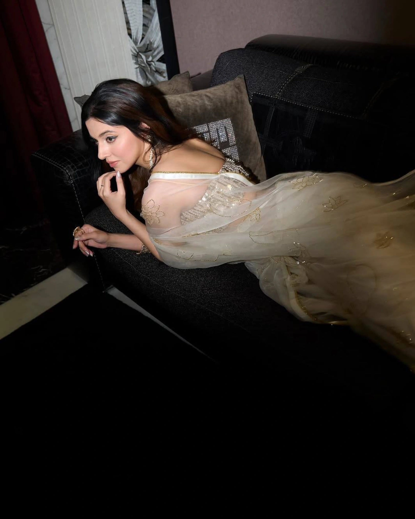 White Pure Silk Organza Saree with Hand Embroidery & Custom Strapless Blouse