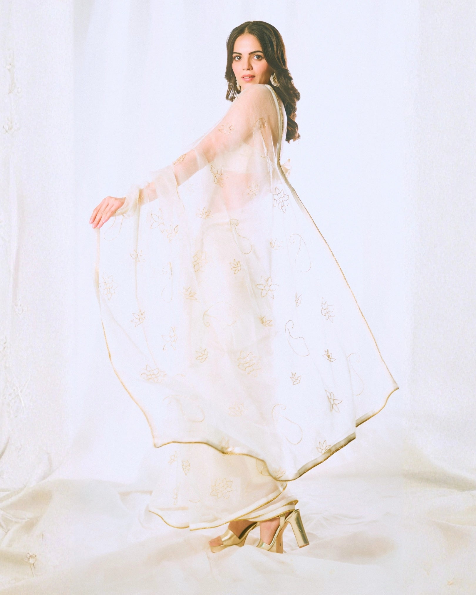 White Pure Silk Organza Saree with Hand Embroidery & White Blouse