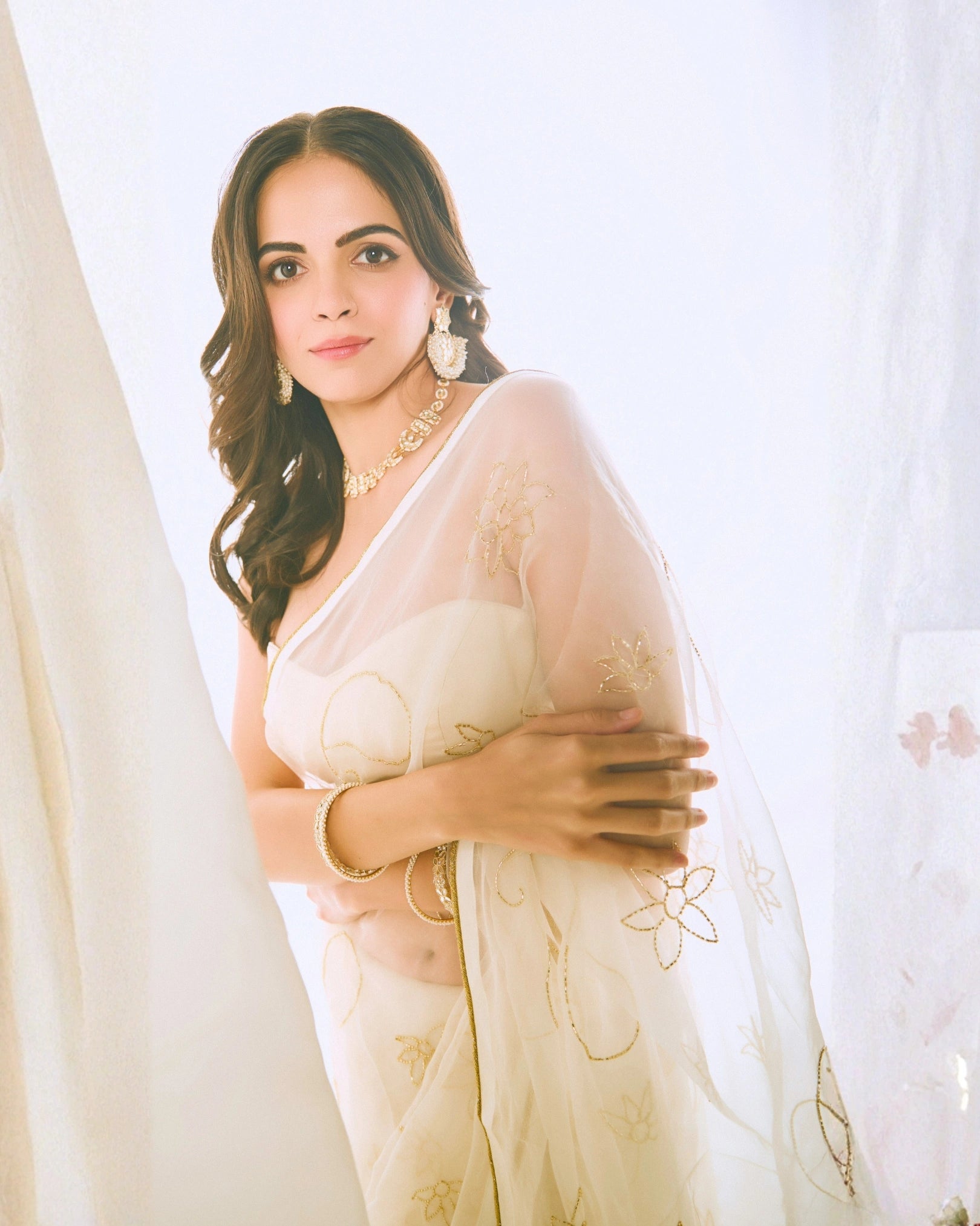 White Pure Silk Organza Saree with Hand Embroidery & White Blouse