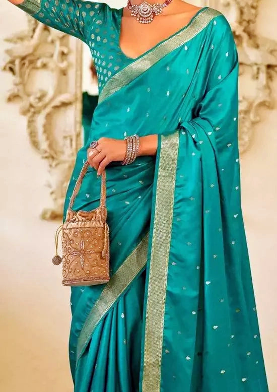 Blue Banarasi Silk Saree with Gold Zari Mirror Work Border and Matching Blouse